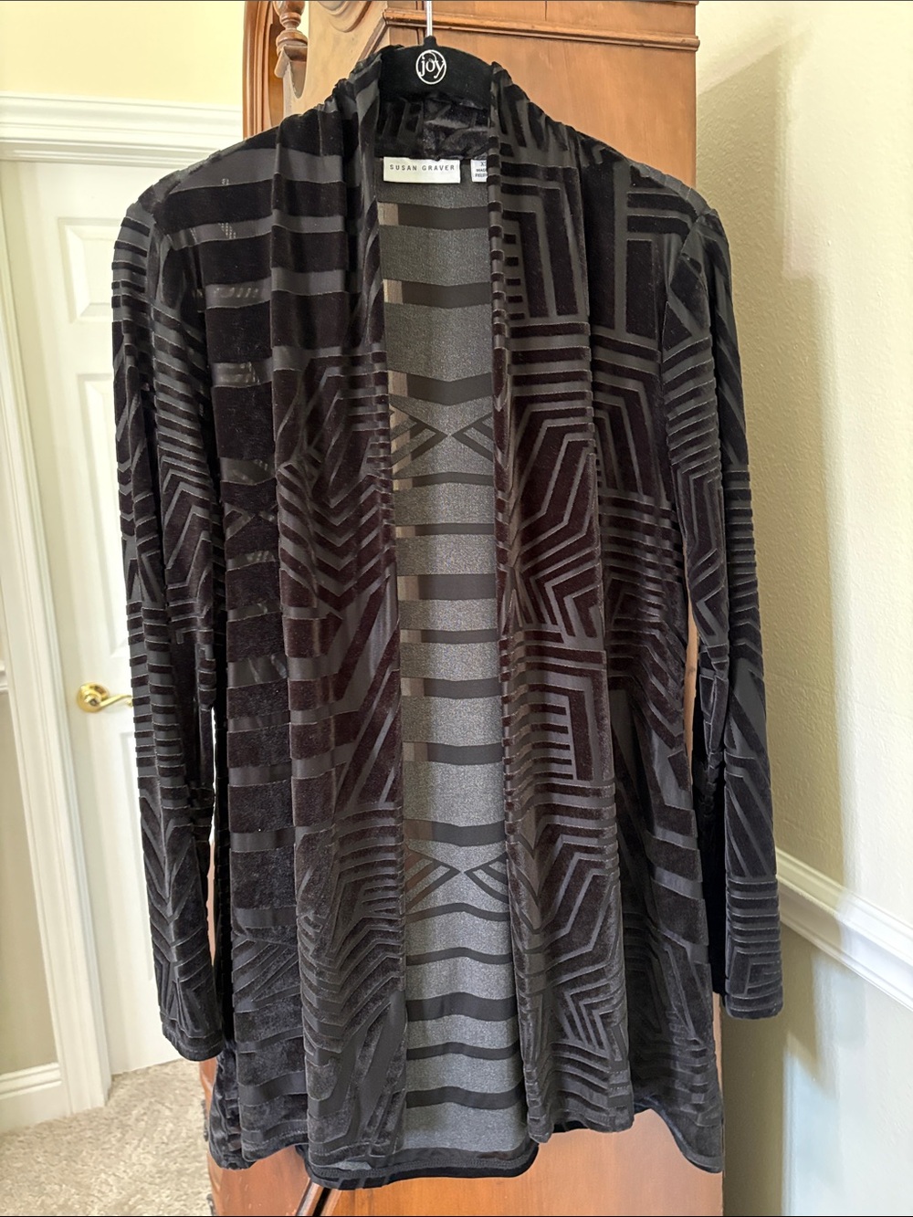 Susan Graver Black Velvet Burnout Long Sleeve Open-Front Cardigan Jacket Blazer